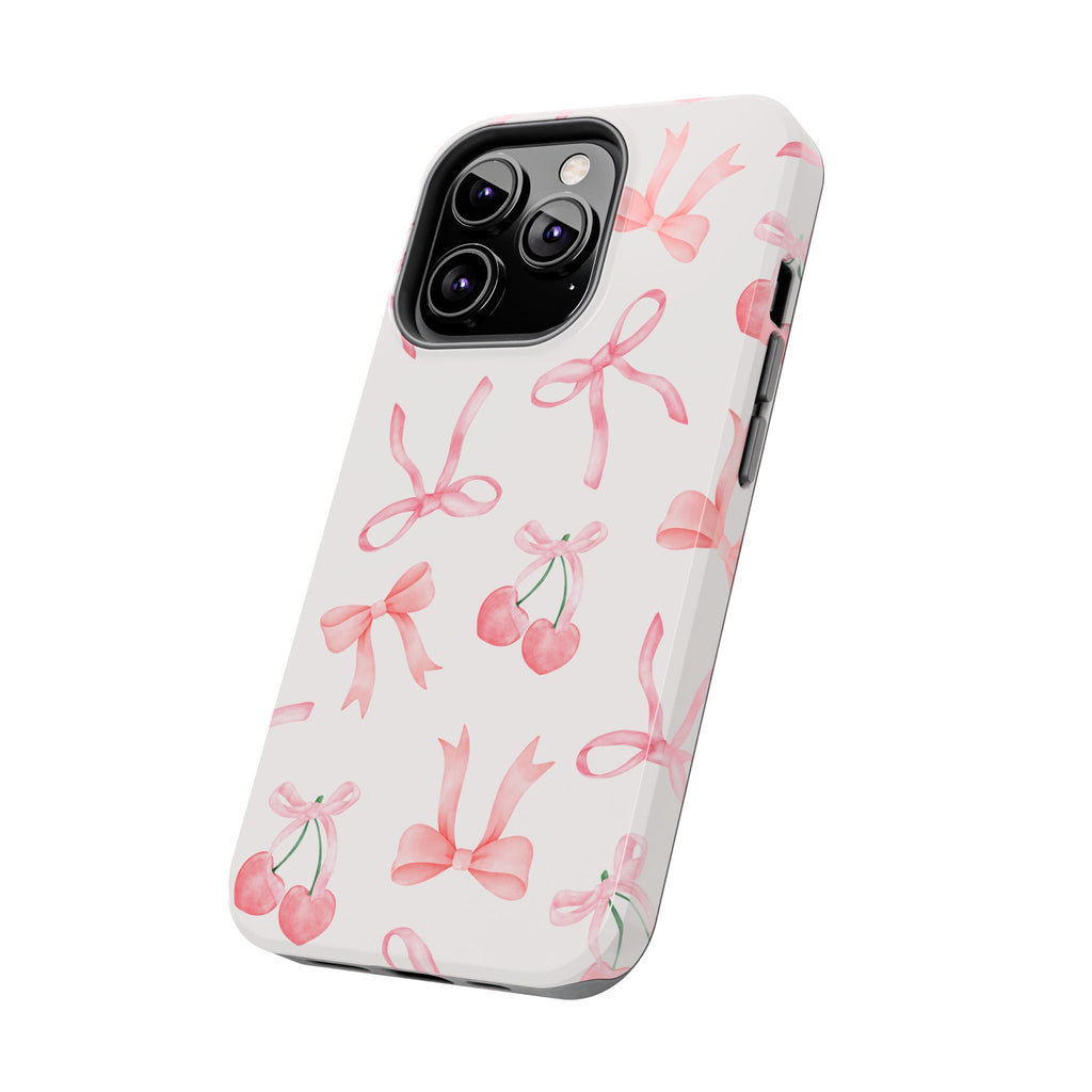 Pink Cherry & Bows Tough Phone Case — Cute Pastel Floral Pattern