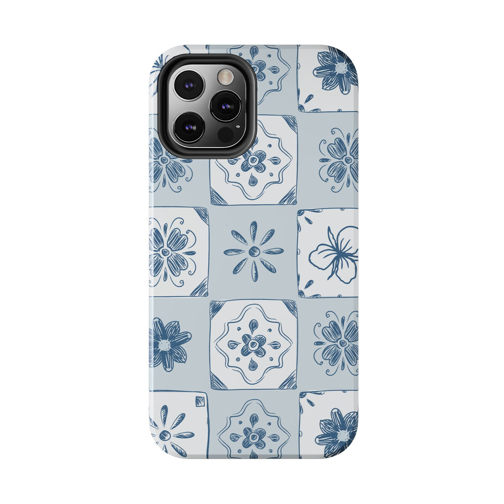 Blue Tile Floral Tough Phone Case — Ceramic Pattern Protective Phone Cover