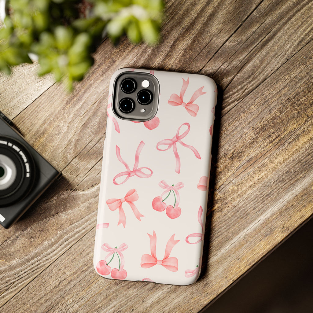 Pink Cherry & Bows Tough Phone Case — Cute Pastel Floral Pattern