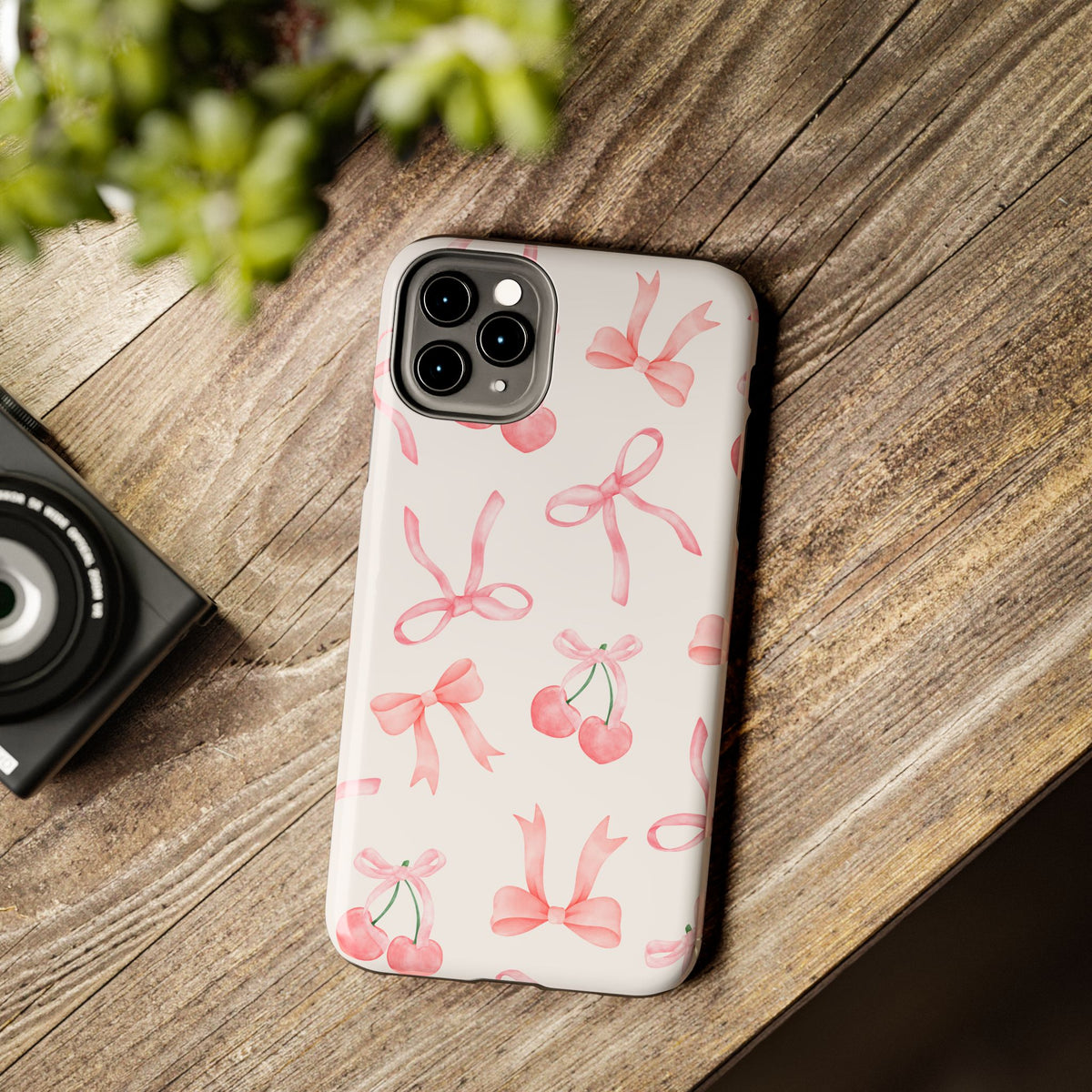 Pink Cherry & Bows Tough Phone Case — Cute Pastel Floral Pattern