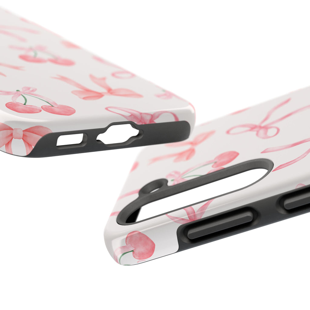 Pink Cherry & Bows Tough Phone Case — Cute Pastel Floral Pattern