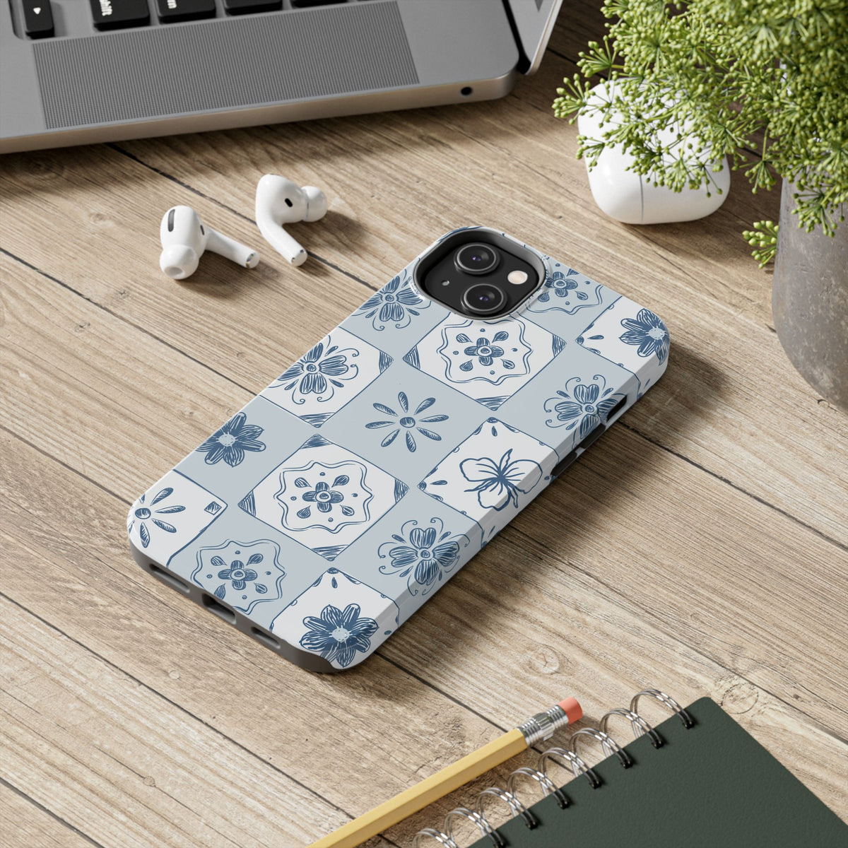 Blue Tile Floral Tough Phone Case — Ceramic Pattern Protective Phone Cover
