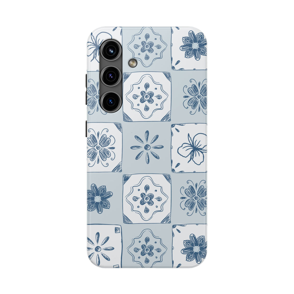 Blue Tile Floral Tough Phone Case — Ceramic Pattern Protective Phone Cover