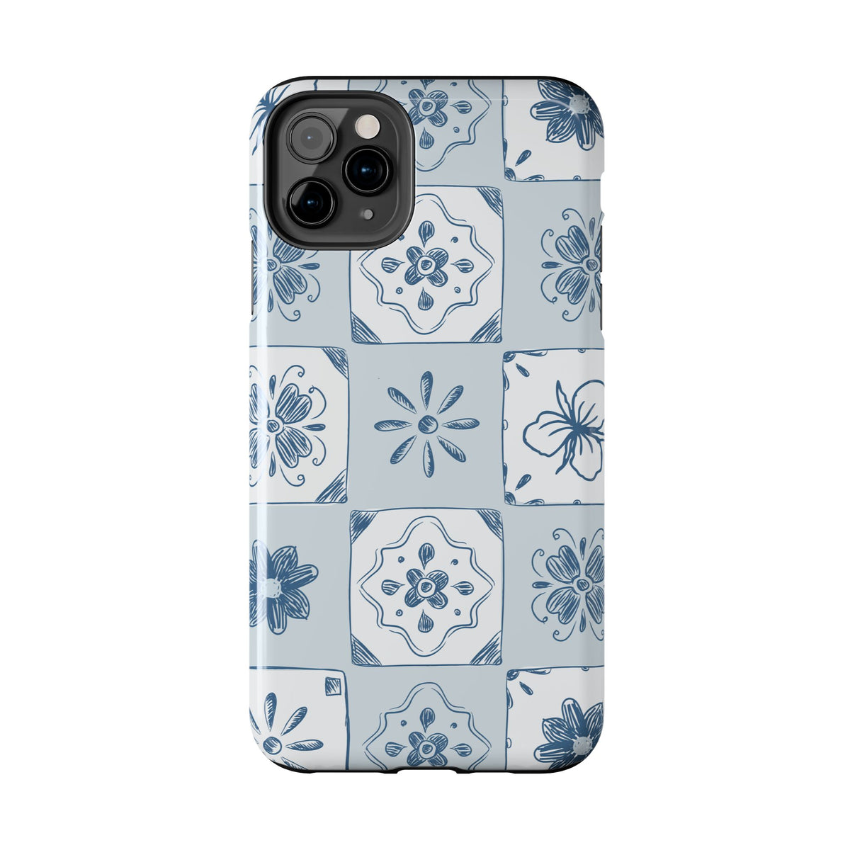 Blue Tile Floral Tough Phone Case — Ceramic Pattern Protective Phone Cover