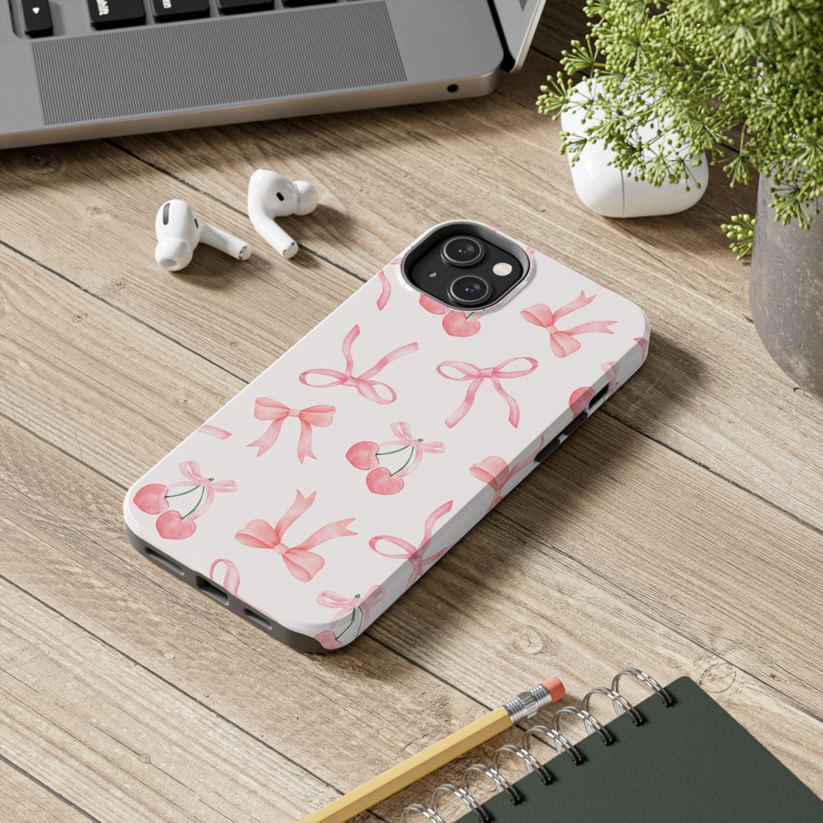 Pink Cherry & Bows Tough Phone Case — Cute Pastel Floral Pattern