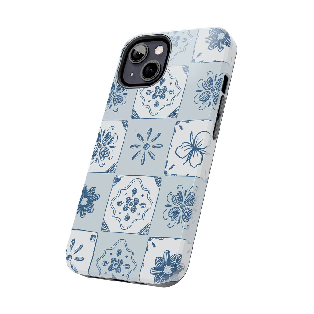 Blue Tile Floral Tough Phone Case — Ceramic Pattern Protective Phone Cover