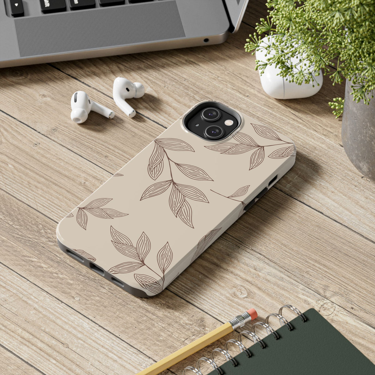 Tough Phone Case — Neutral Botanical Leaf Design (Protective Floral iPhone Case)