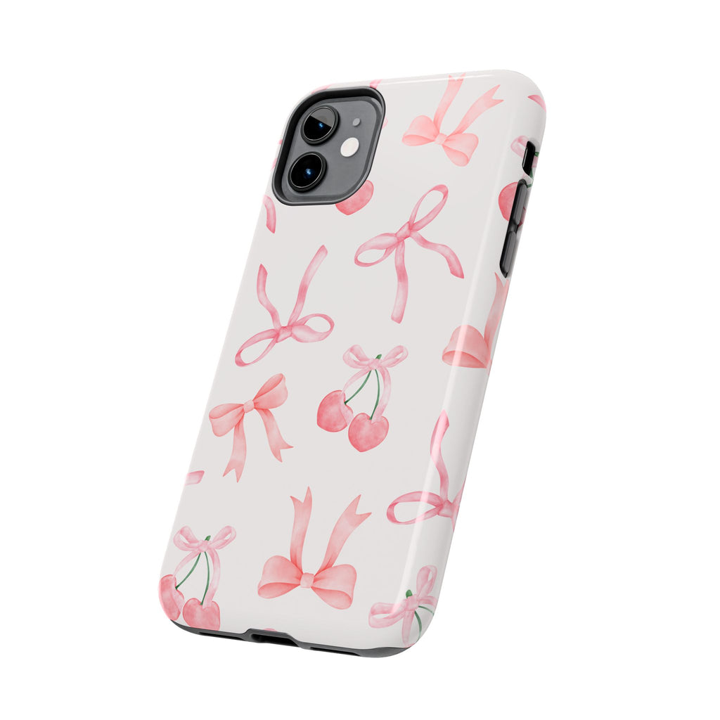 Pink Cherry & Bows Tough Phone Case — Cute Pastel Floral Pattern