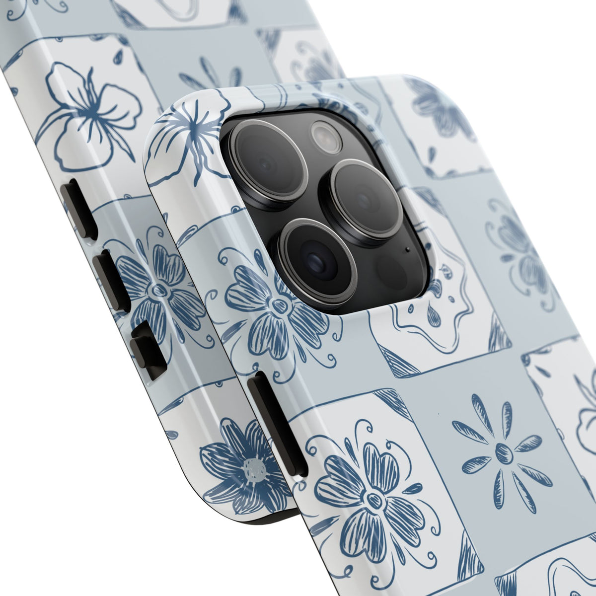 Blue Tile Floral Tough Phone Case — Ceramic Pattern Protective Phone Cover