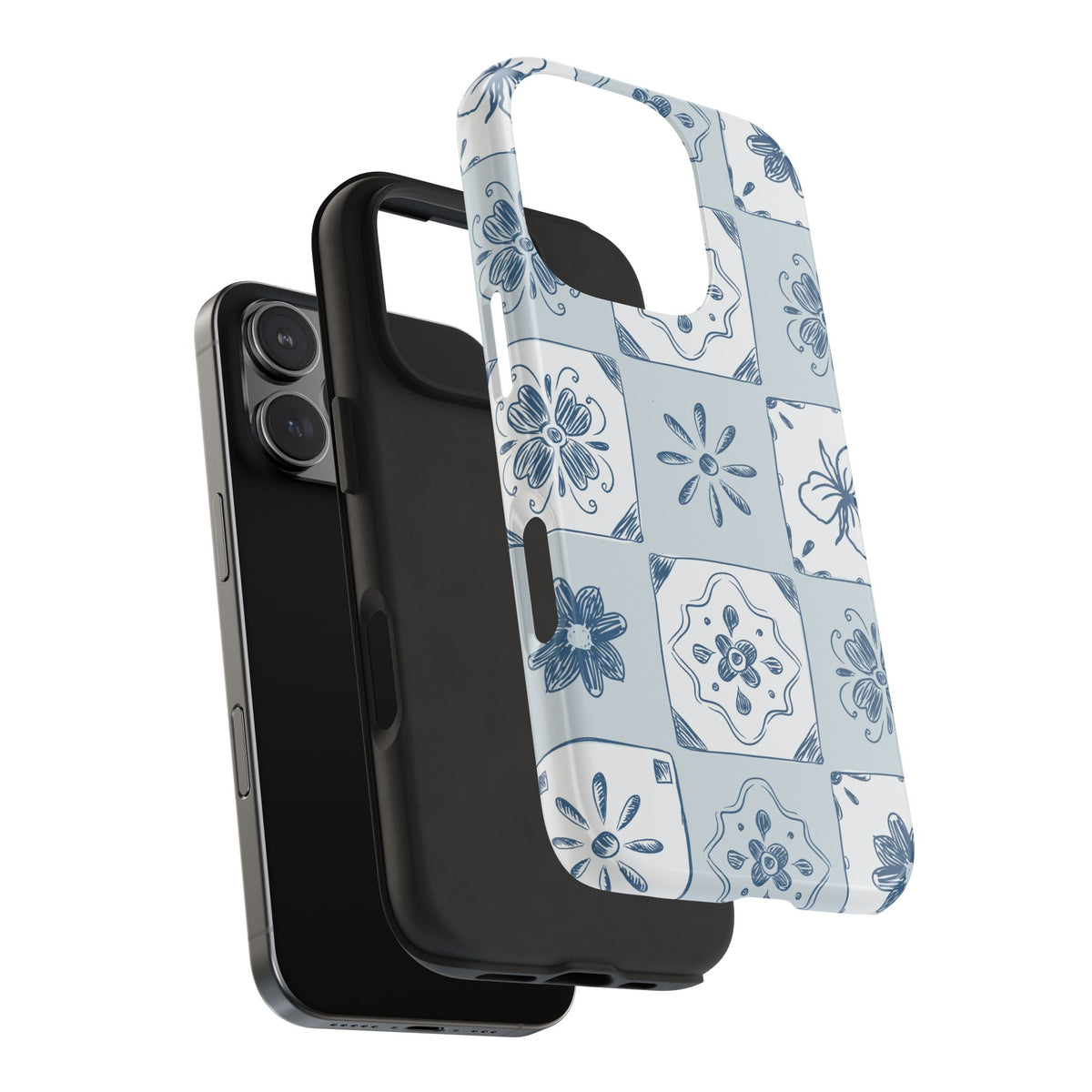 Blue Tile Floral Tough Phone Case — Ceramic Pattern Protective Phone Cover