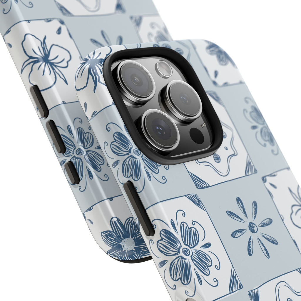 Blue Tile Floral Tough Phone Case — Ceramic Pattern Protective Phone Cover