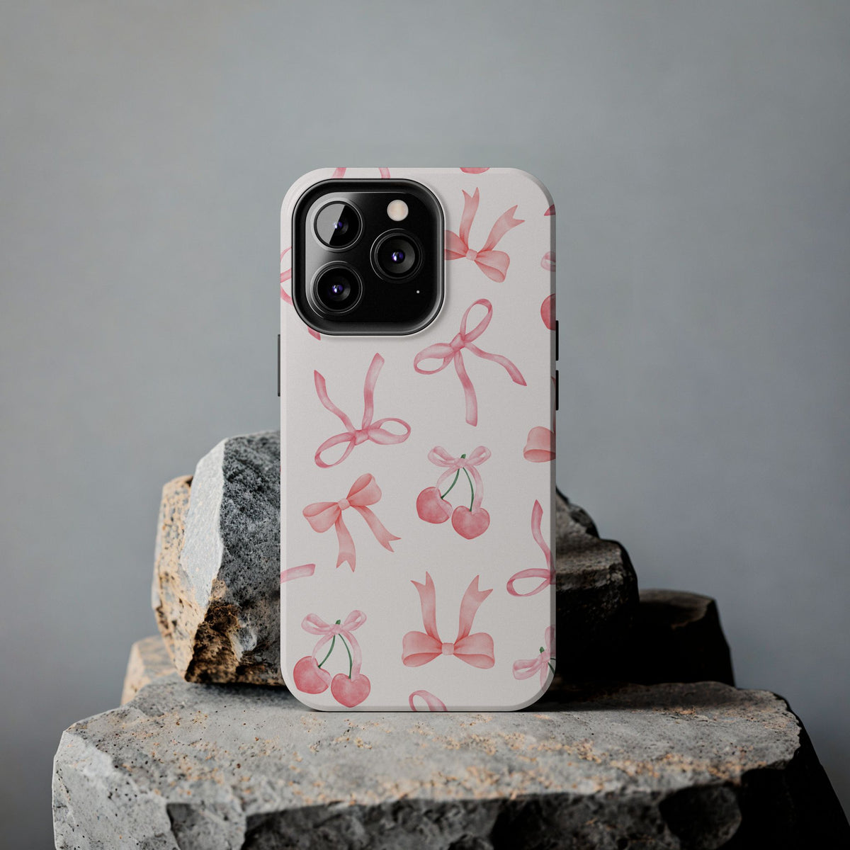 Pink Cherry & Bows Tough Phone Case — Cute Pastel Floral Pattern