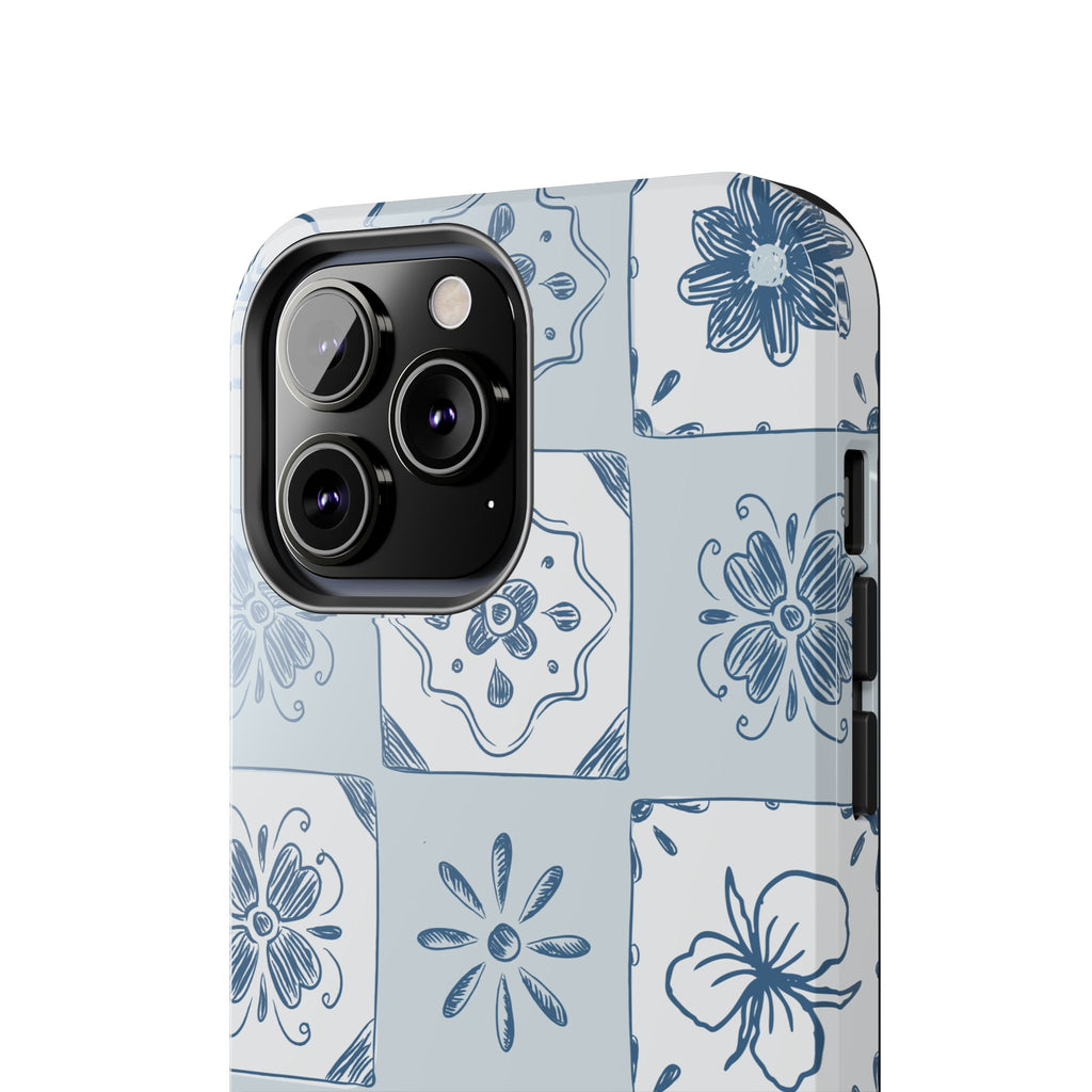 Blue Tile Floral Tough Phone Case — Ceramic Pattern Protective Phone Cover
