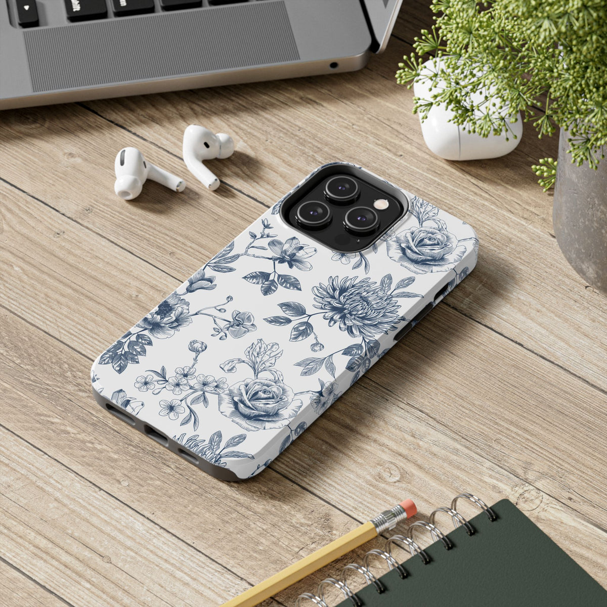 Tough Phone Case — Blue Vintage Floral Protective iPhone Cover