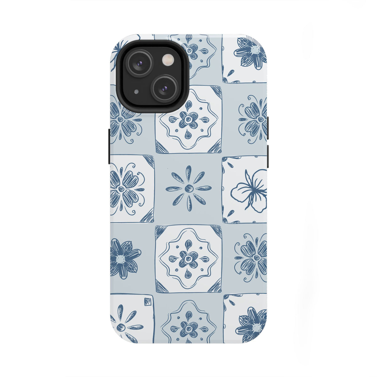 Blue Tile Floral Tough Phone Case — Ceramic Pattern Protective Phone Cover