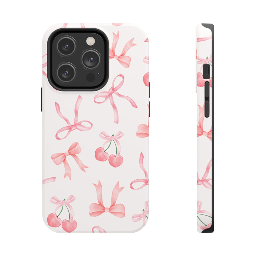 Pink Cherry & Bows Tough Phone Case — Cute Pastel Floral Pattern