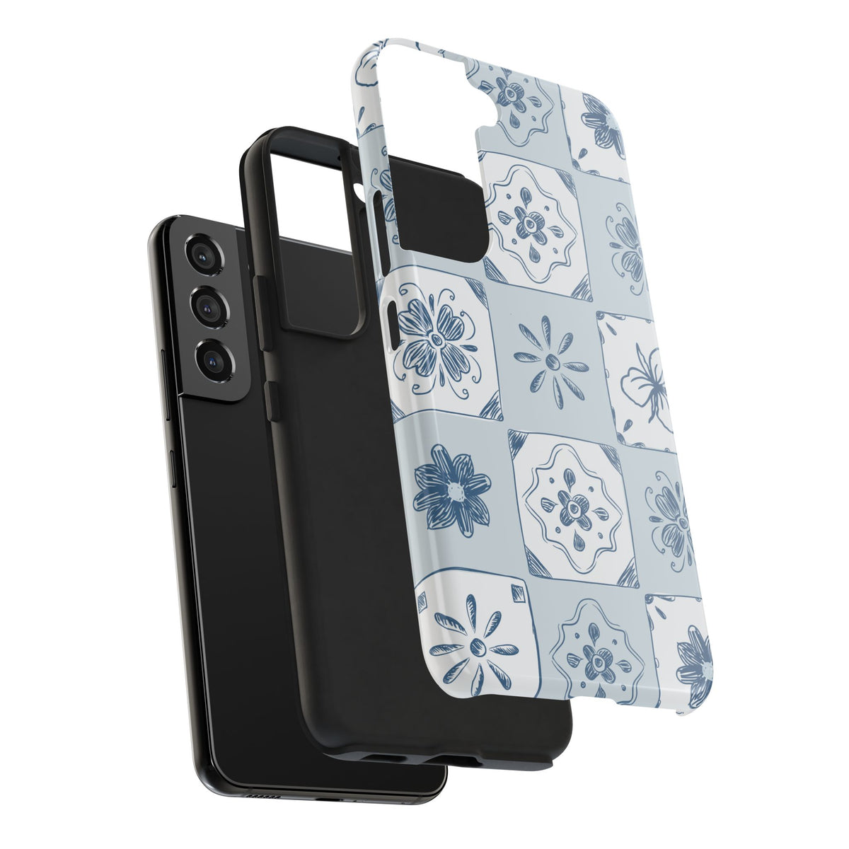 Blue Tile Floral Tough Phone Case — Ceramic Pattern Protective Phone Cover