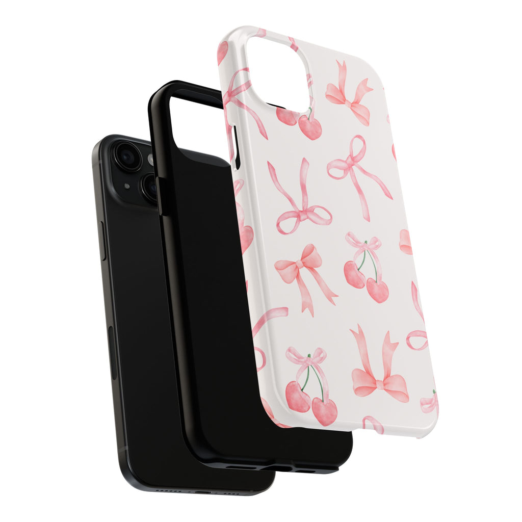 Pink Cherry & Bows Tough Phone Case — Cute Pastel Floral Pattern