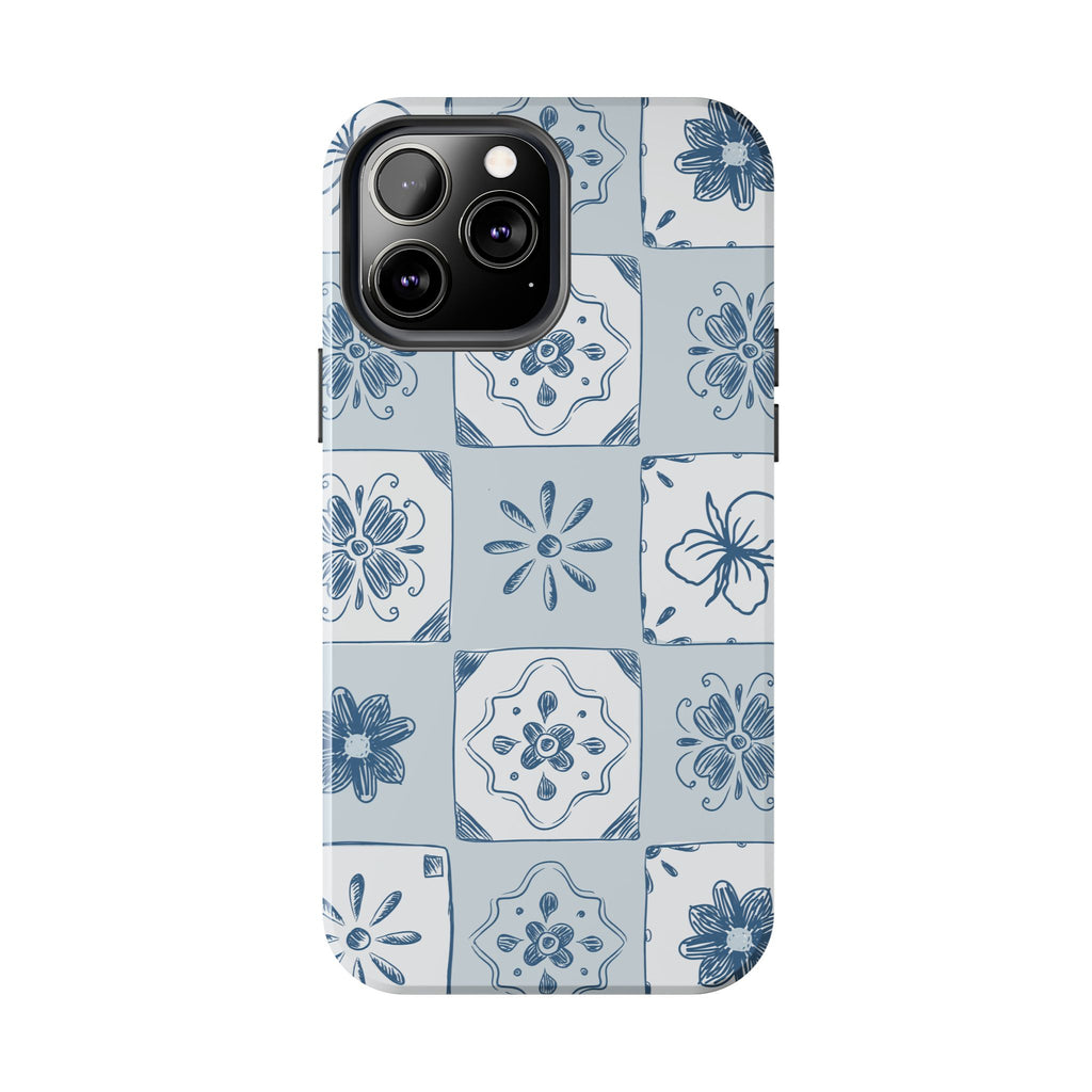 Blue Tile Floral Tough Phone Case — Ceramic Pattern Protective Phone Cover