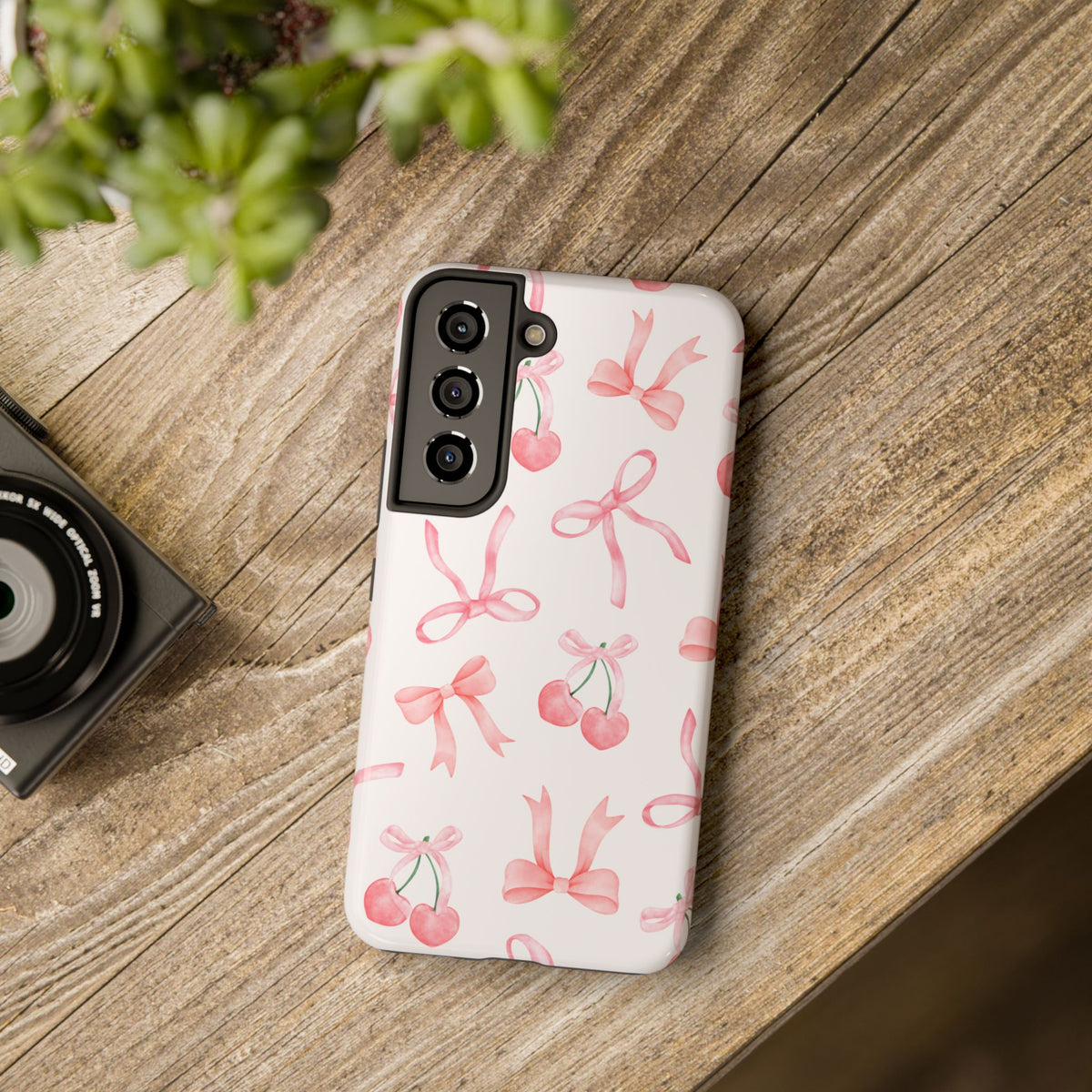 Pink Cherry & Bows Tough Phone Case — Cute Pastel Floral Pattern