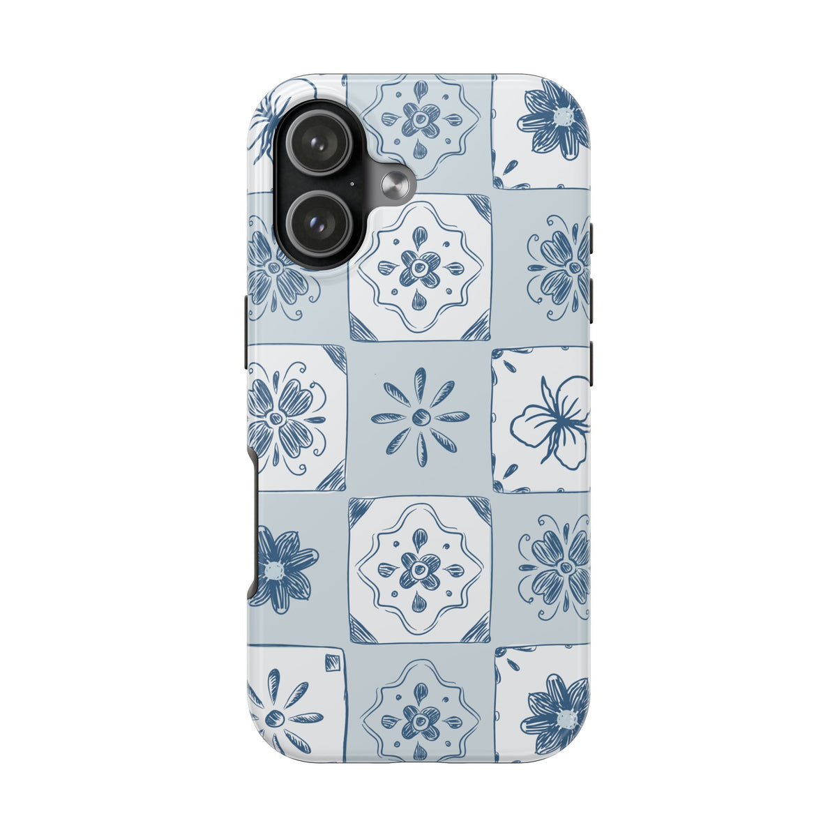 Blue Tile Floral Tough Phone Case — Ceramic Pattern Protective Phone Cover