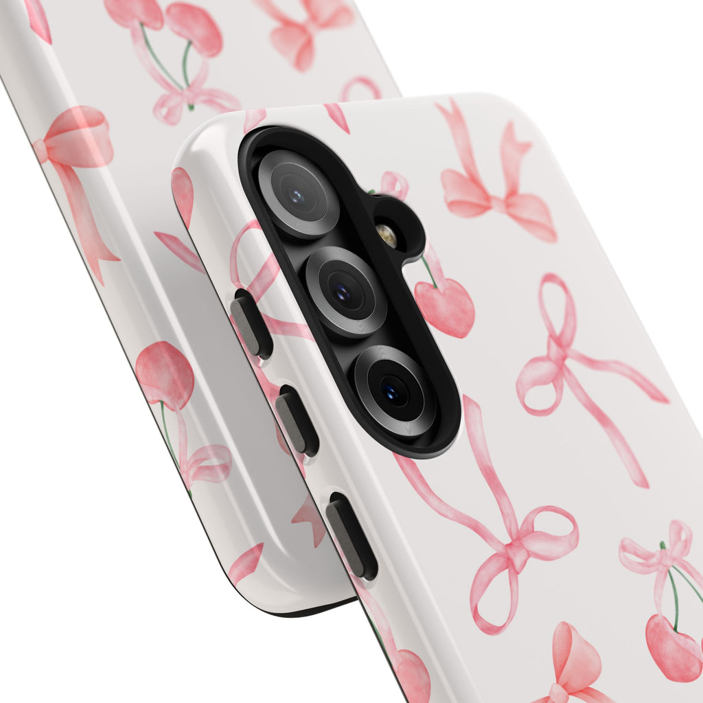Pink Cherry & Bows Tough Phone Case — Cute Pastel Floral Pattern