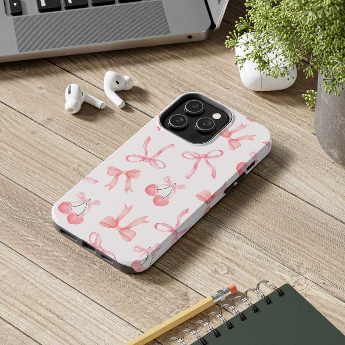 Pink Cherry & Bows Tough Phone Case — Cute Pastel Floral Pattern