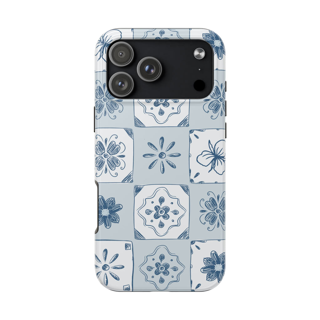 Blue Tile Floral Tough Phone Case — Ceramic Pattern Protective Phone Cover