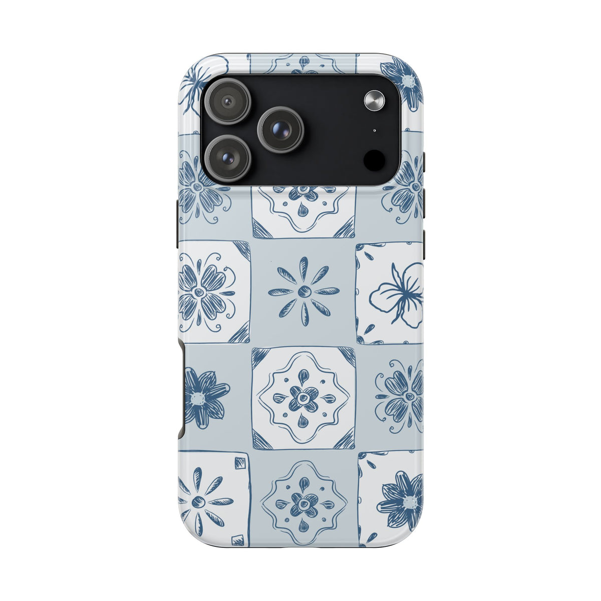Blue Tile Floral Tough Phone Case — Ceramic Pattern Protective Phone Cover
