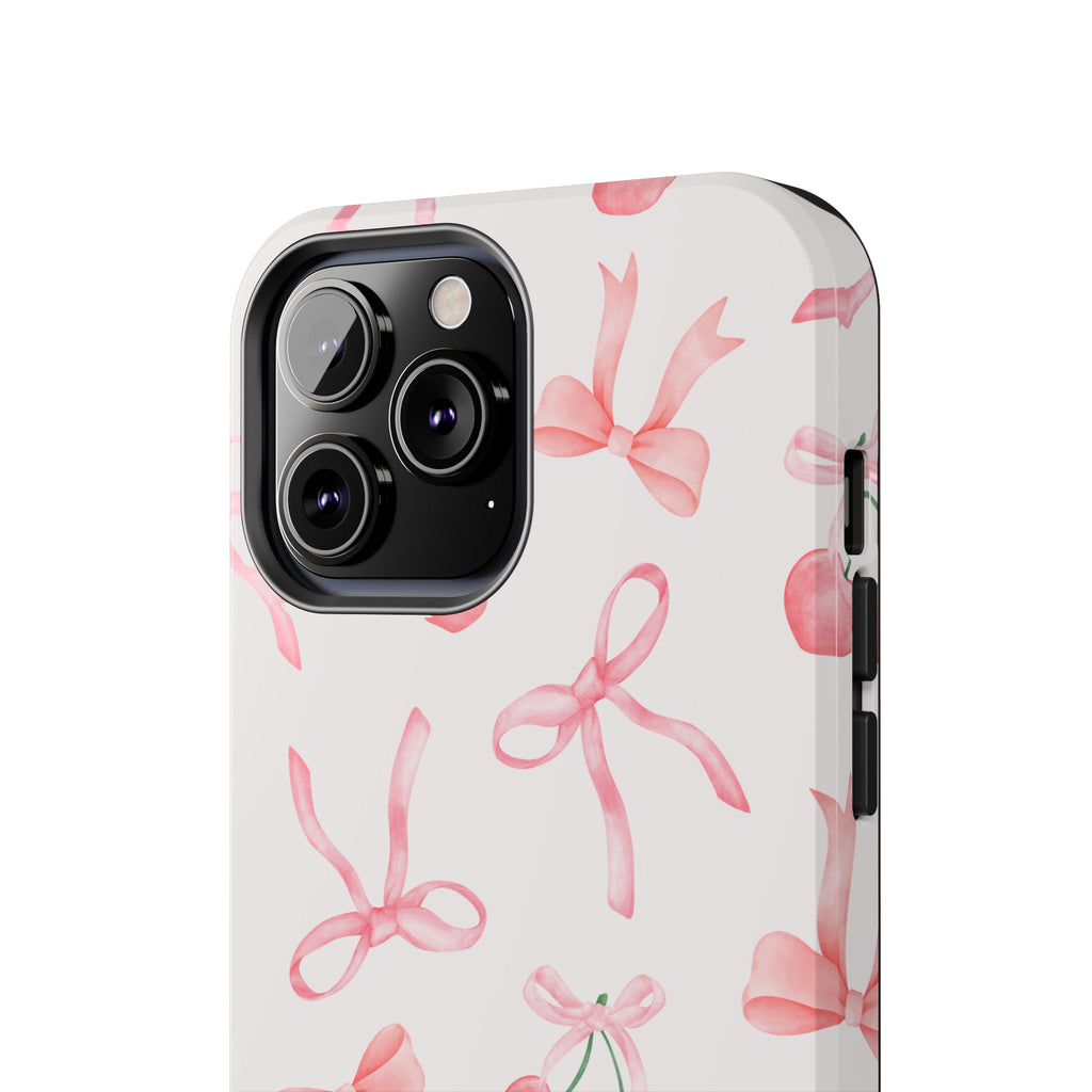 Pink Cherry & Bows Tough Phone Case — Cute Pastel Floral Pattern
