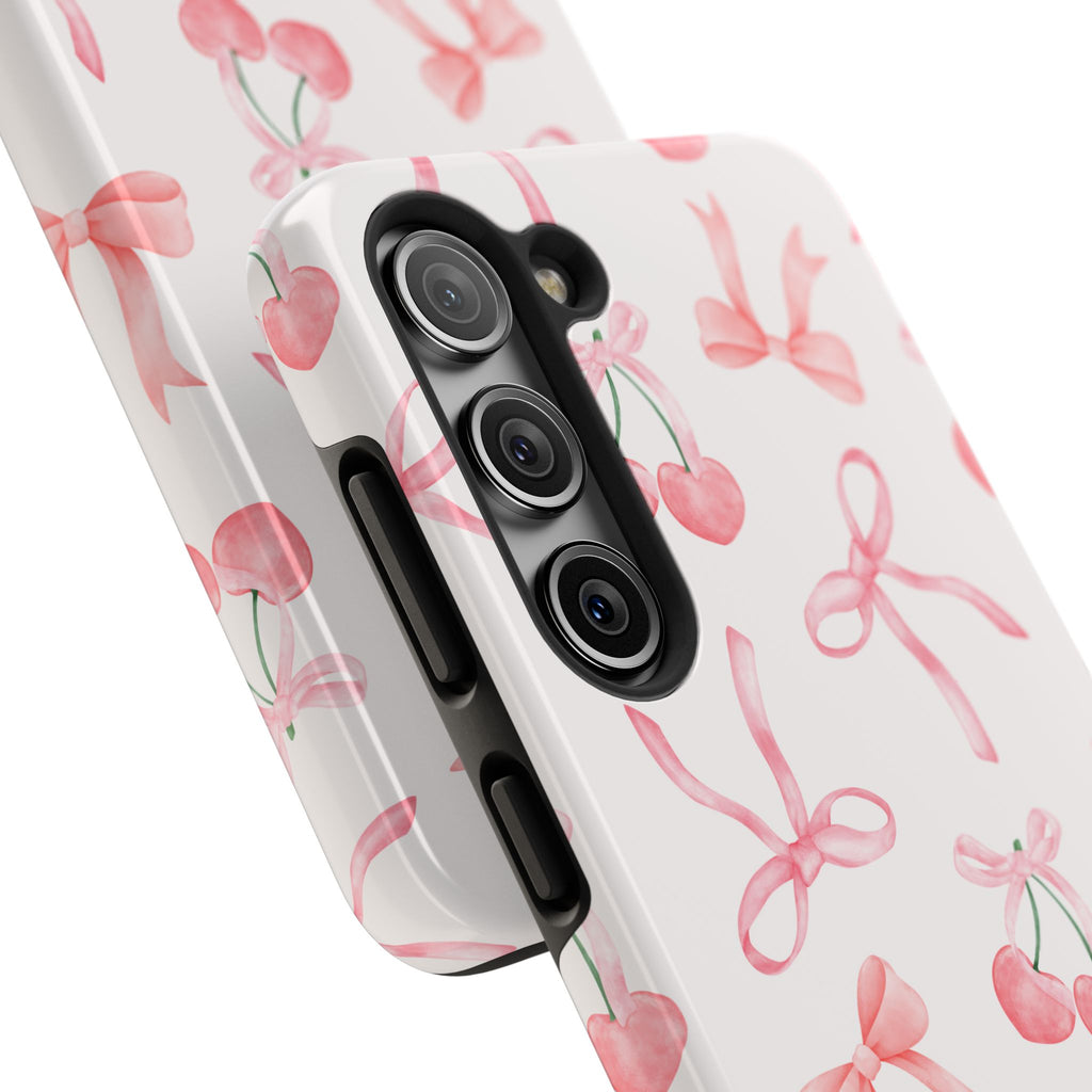 Pink Cherry & Bows Tough Phone Case — Cute Pastel Floral Pattern