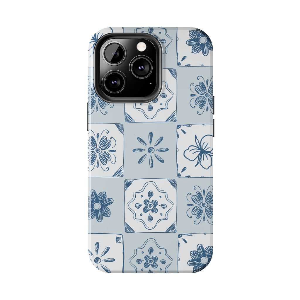 Blue Tile Floral Tough Phone Case — Ceramic Pattern Protective Phone Cover