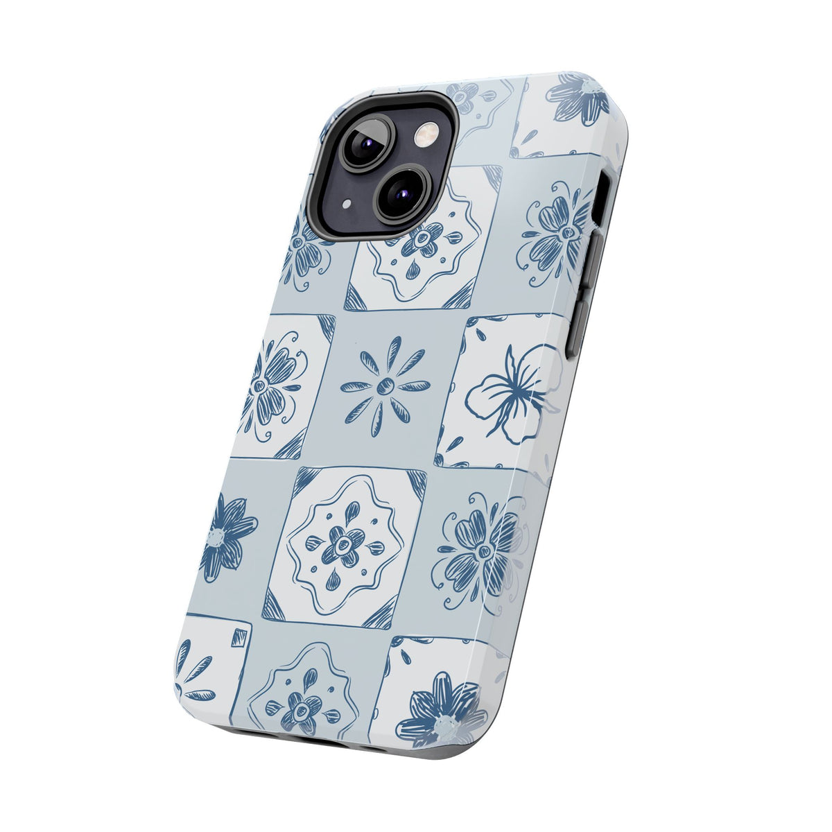 Blue Tile Floral Tough Phone Case — Ceramic Pattern Protective Phone Cover