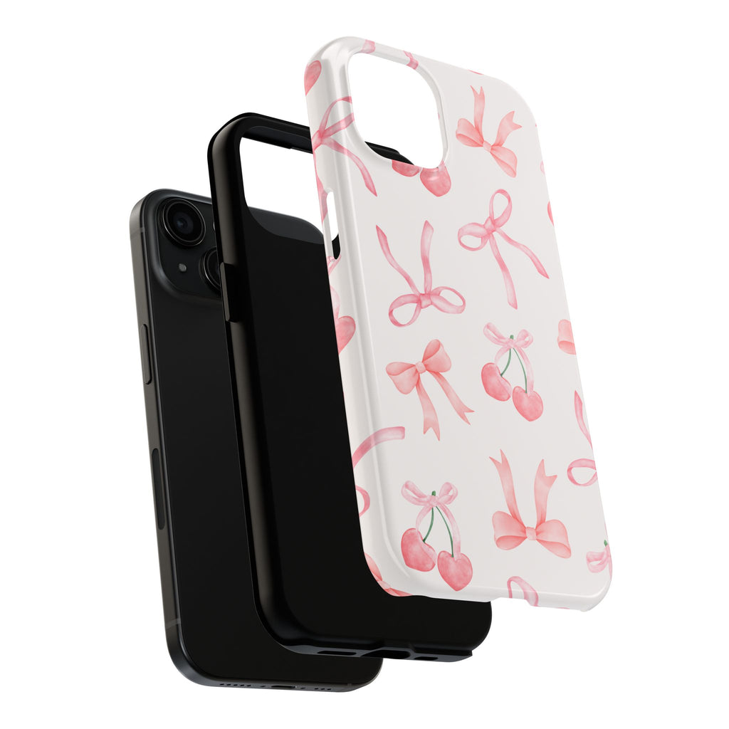 Pink Cherry & Bows Tough Phone Case — Cute Pastel Floral Pattern