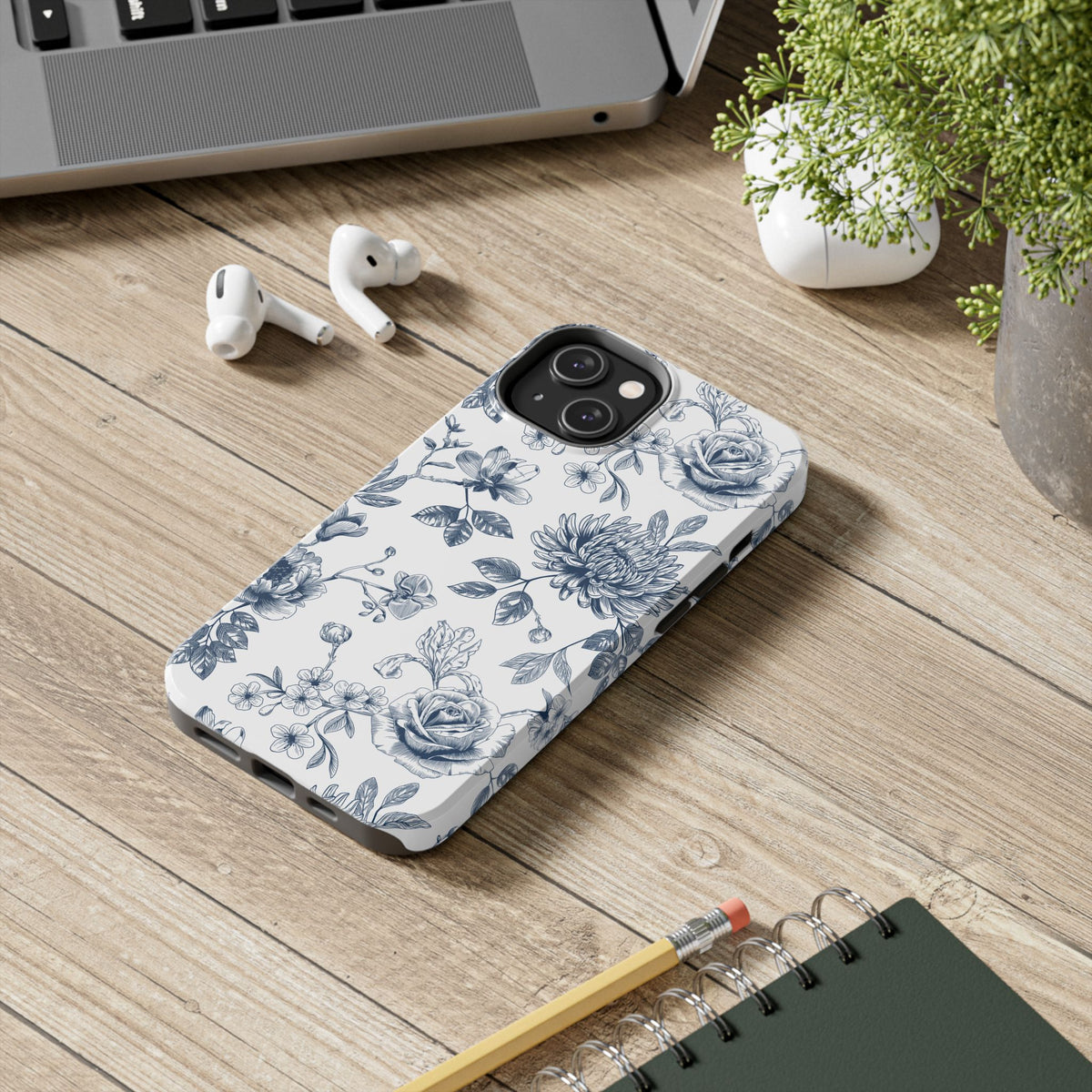 Tough Phone Case — Blue Vintage Floral Protective iPhone Cover