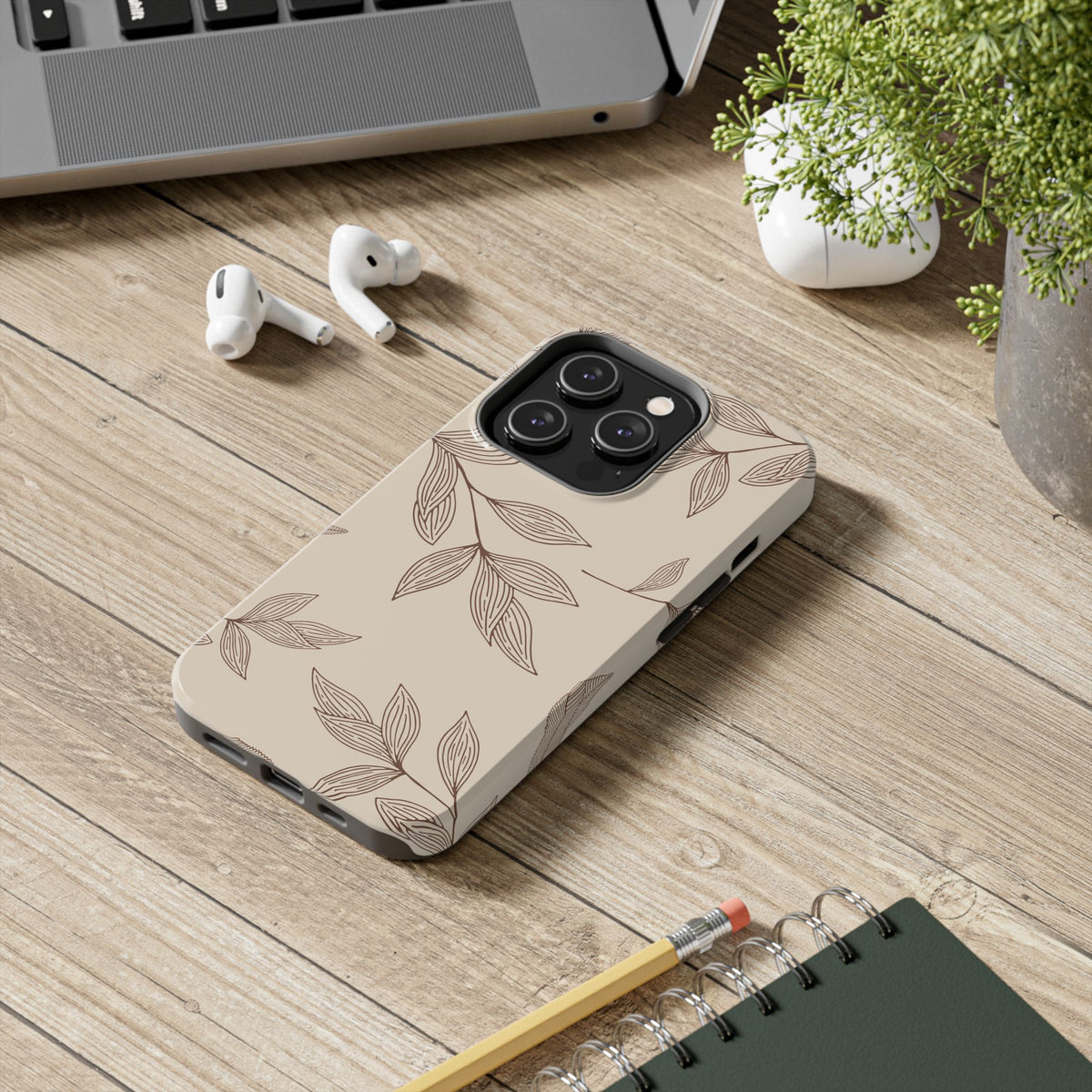 Tough Phone Case — Neutral Botanical Leaf Design (Protective Floral iPhone Case)