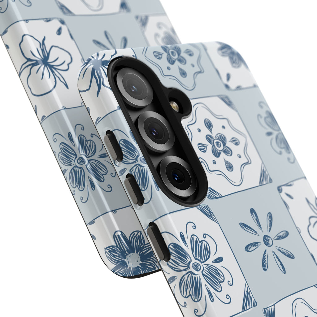 Blue Tile Floral Tough Phone Case — Ceramic Pattern Protective Phone Cover