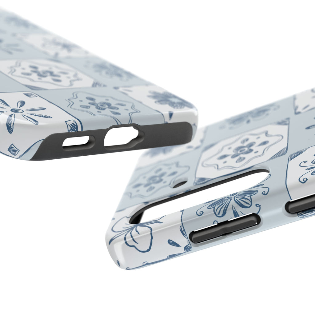 Blue Tile Floral Tough Phone Case — Ceramic Pattern Protective Phone Cover