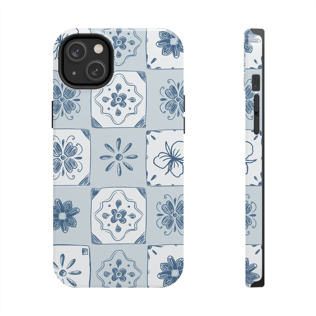 Blue Tile Floral Tough Phone Case — Ceramic Pattern Protective Phone Cover