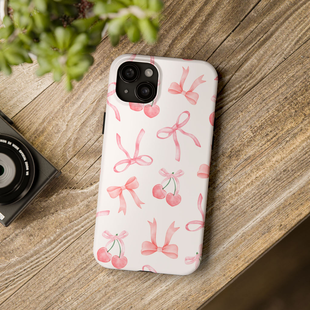 Pink Cherry & Bows Tough Phone Case — Cute Pastel Floral Pattern
