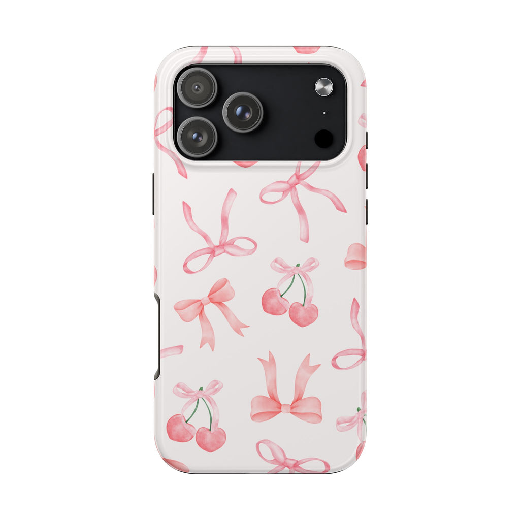Pink Cherry & Bows Tough Phone Case — Cute Pastel Floral Pattern
