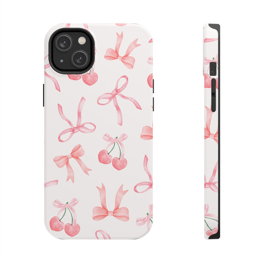 Pink Cherry & Bows Tough Phone Case — Cute Pastel Floral Pattern