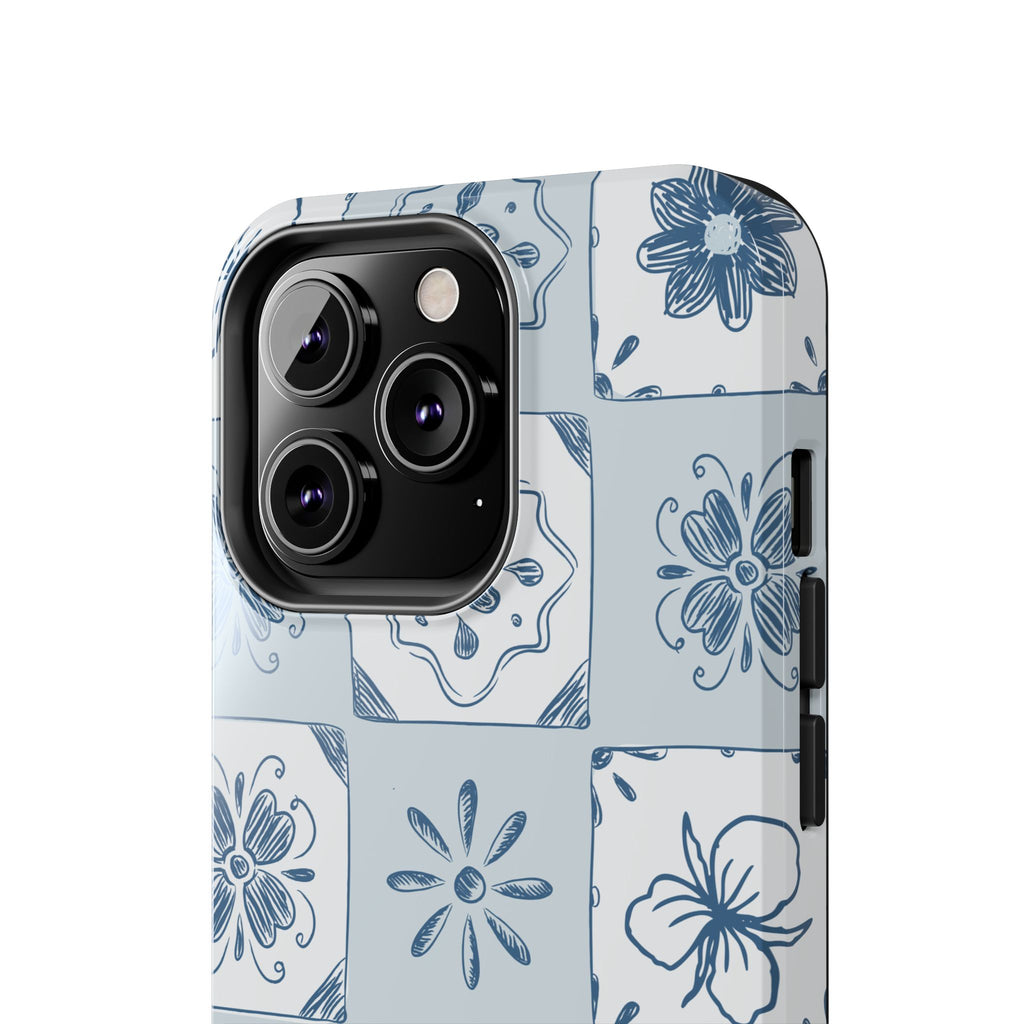 Blue Tile Floral Tough Phone Case — Ceramic Pattern Protective Phone Cover
