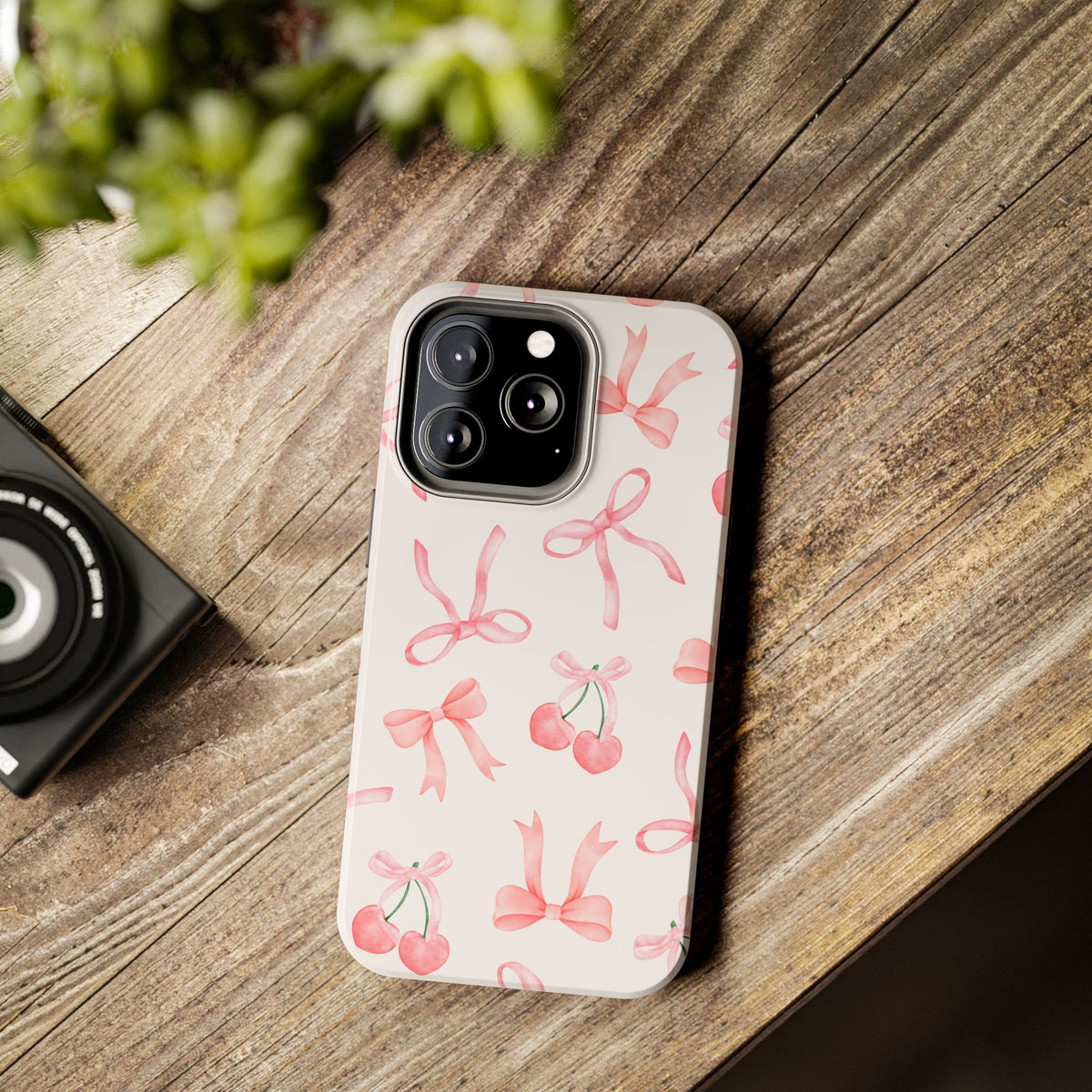 Pink Cherry & Bows Tough Phone Case — Cute Pastel Floral Pattern