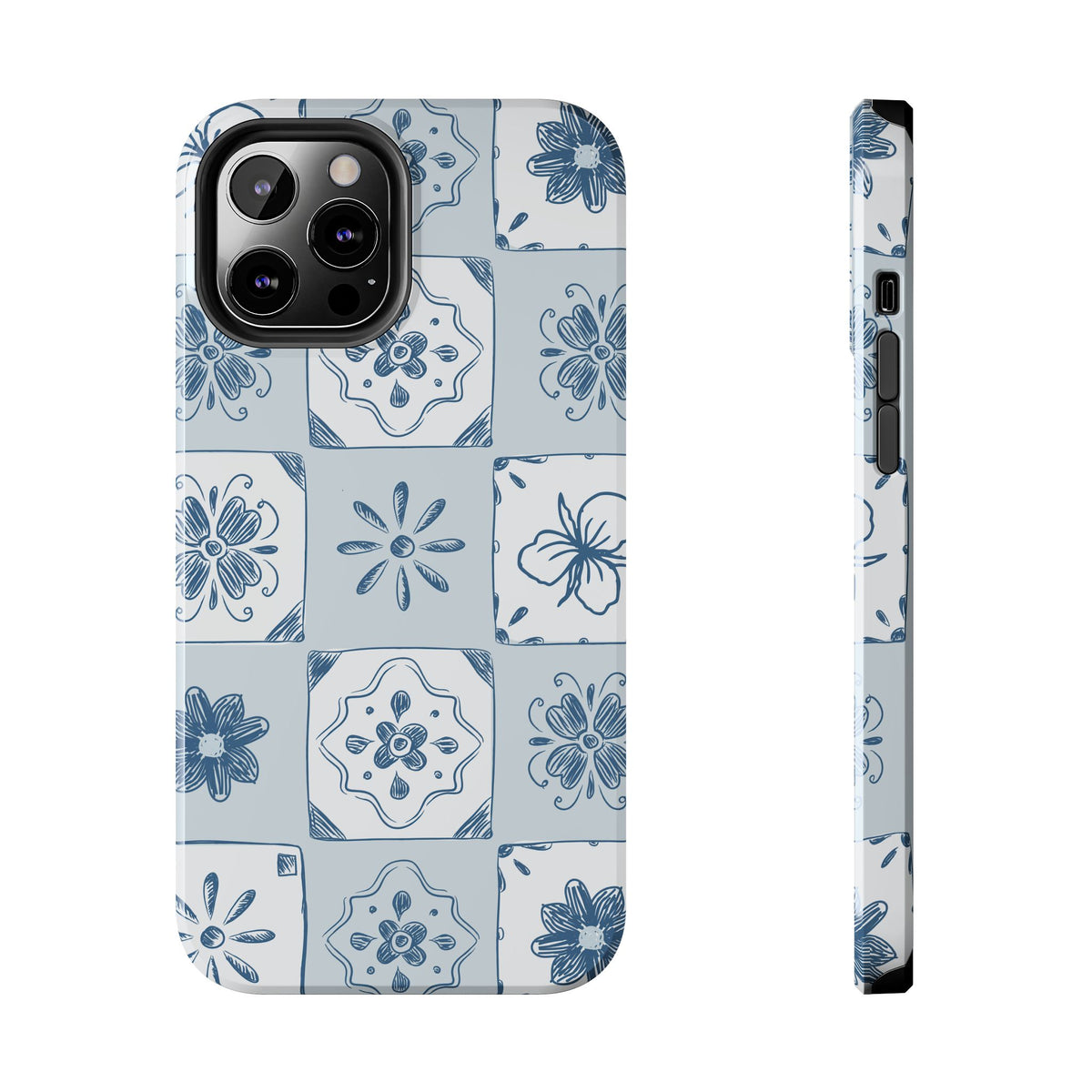 Blue Tile Floral Tough Phone Case — Ceramic Pattern Protective Phone Cover