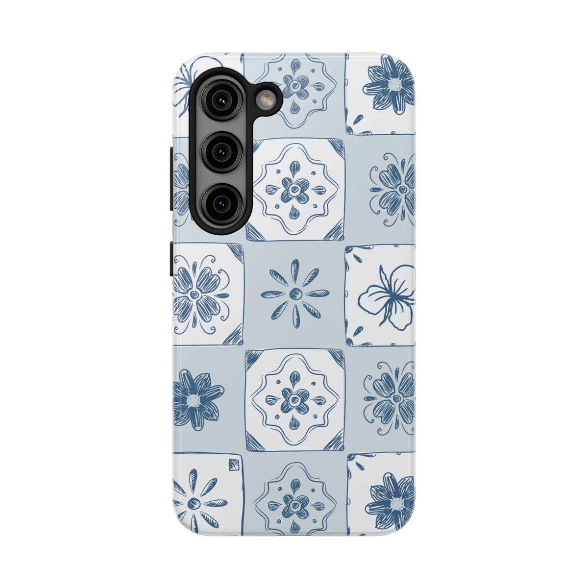 Blue Tile Floral Tough Phone Case — Ceramic Pattern Protective Phone Cover