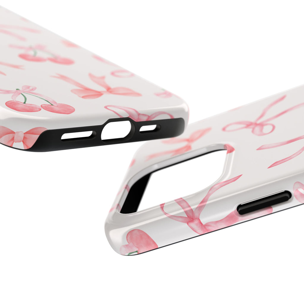 Pink Cherry & Bows Tough Phone Case — Cute Pastel Floral Pattern