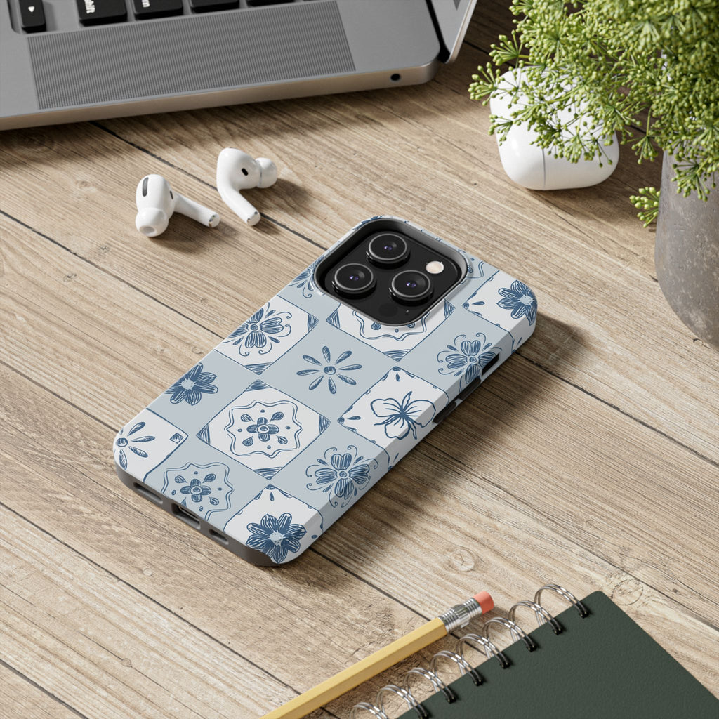 Blue Tile Floral Tough Phone Case — Ceramic Pattern Protective Phone Cover
