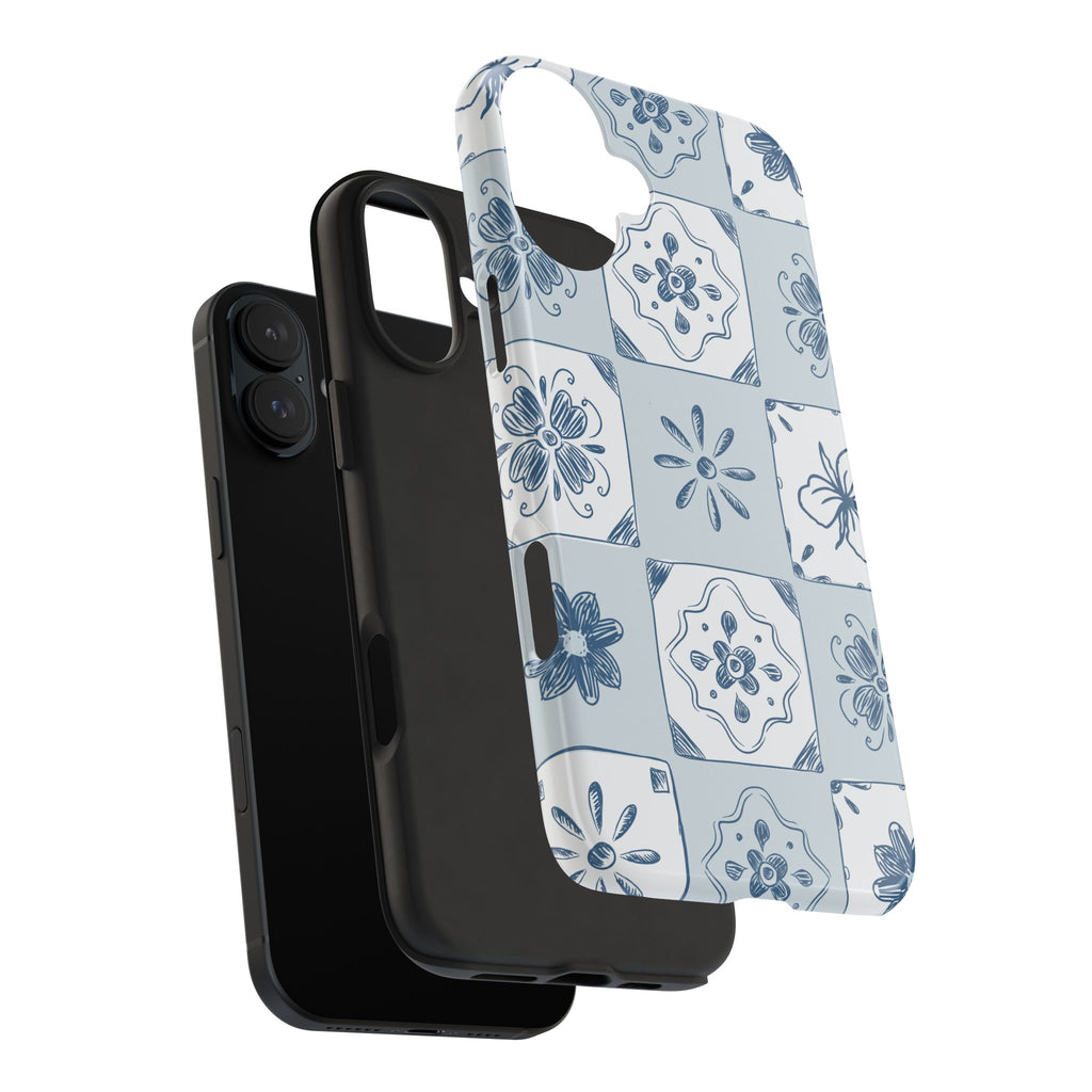 Blue Tile Floral Tough Phone Case — Ceramic Pattern Protective Phone Cover