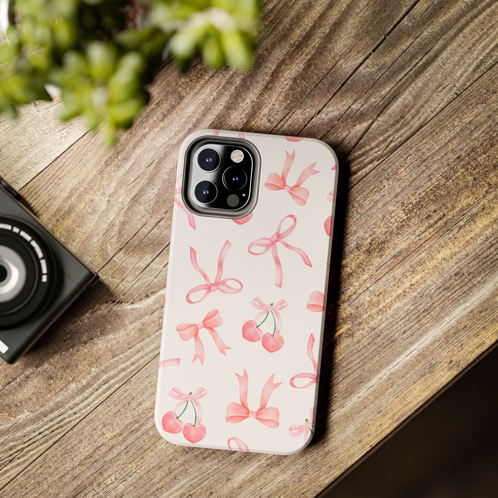 Pink Cherry & Bows Tough Phone Case — Cute Pastel Floral Pattern